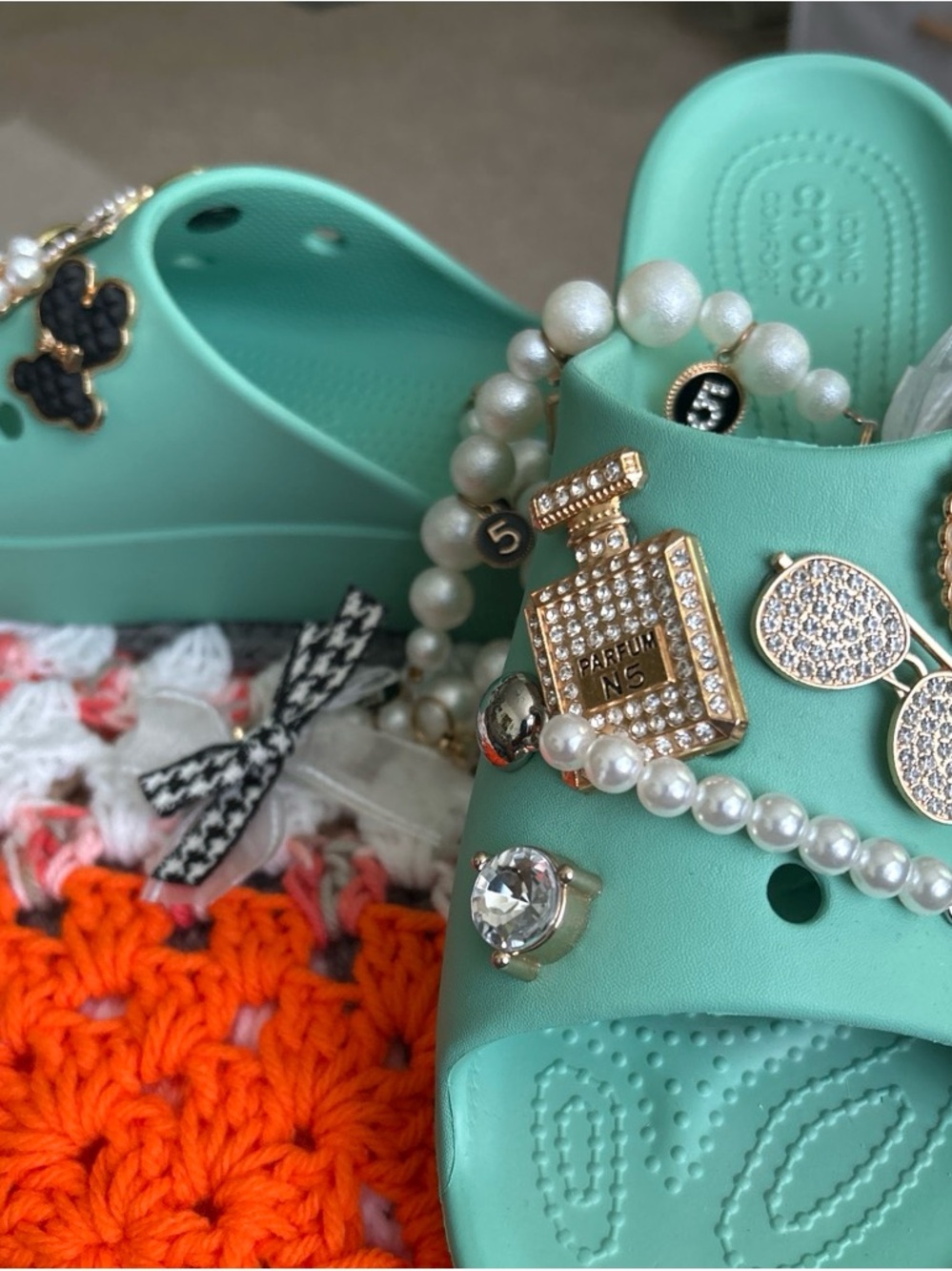 CROCS Mint Green Charm-Embellished Slide with Pearls and Rhinestones